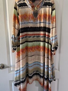 Robert Louis Striped Midi Dress in Cream, Orange, Green, Blue and Black